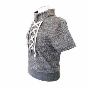 New TIMING Lace Up Mock-Neck Cotton Blend Short Sleeve Top Gray White Sz S